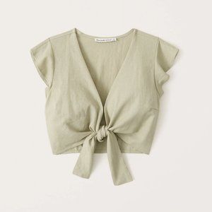 Abercrombie & Fitch Tie-Front Linen Blend Ruffle Top, in Green, Size M